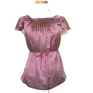 BCBG MaxAzira Burgundy Creme Gingham Silk Top XS